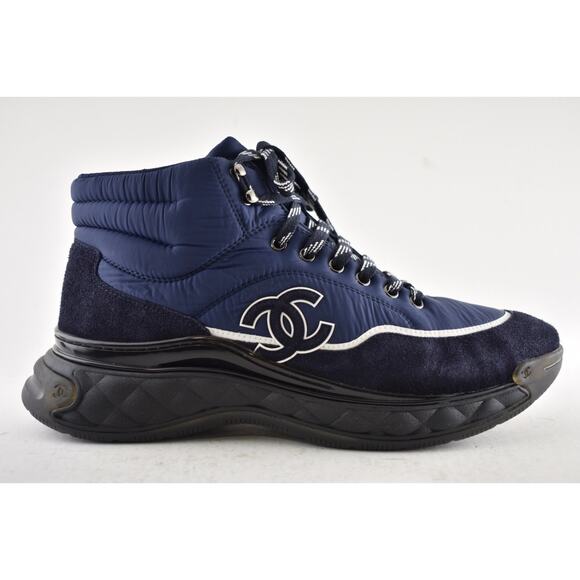 Chanel 19B Blue Quilted Platform CC Logo High Top Trainer Sneaker Boot 44 11 - Picture 2 of 12